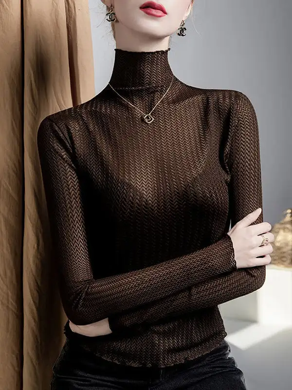 Long Sleeve Curve Fit Mesh Sheer Slightly Sheer Panel Detail High Neck T-Shirt
