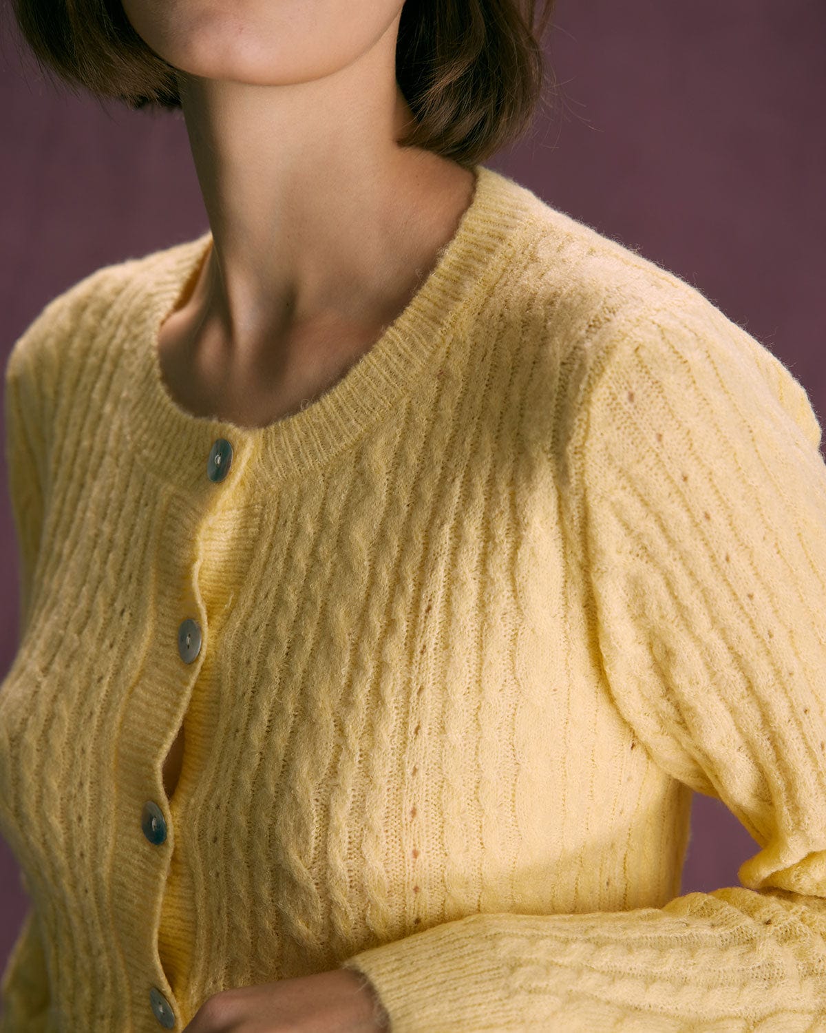 The Yellow Round Neck Cable Ribbed Cardigan