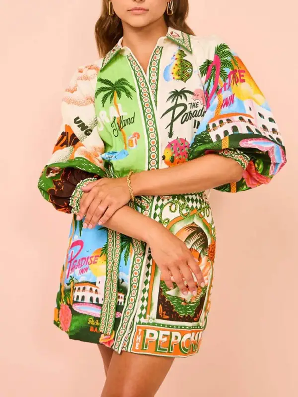 Casual Unique Printed Shirt Cardigan Mini Dress