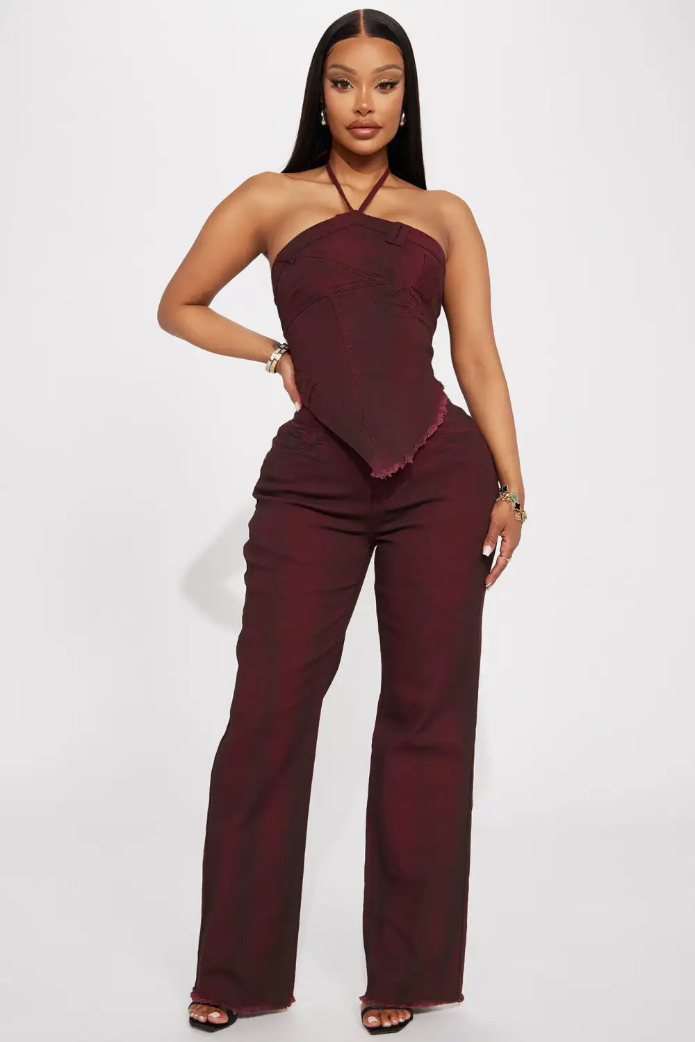Next Level Washed Denim Pant Set - Wine