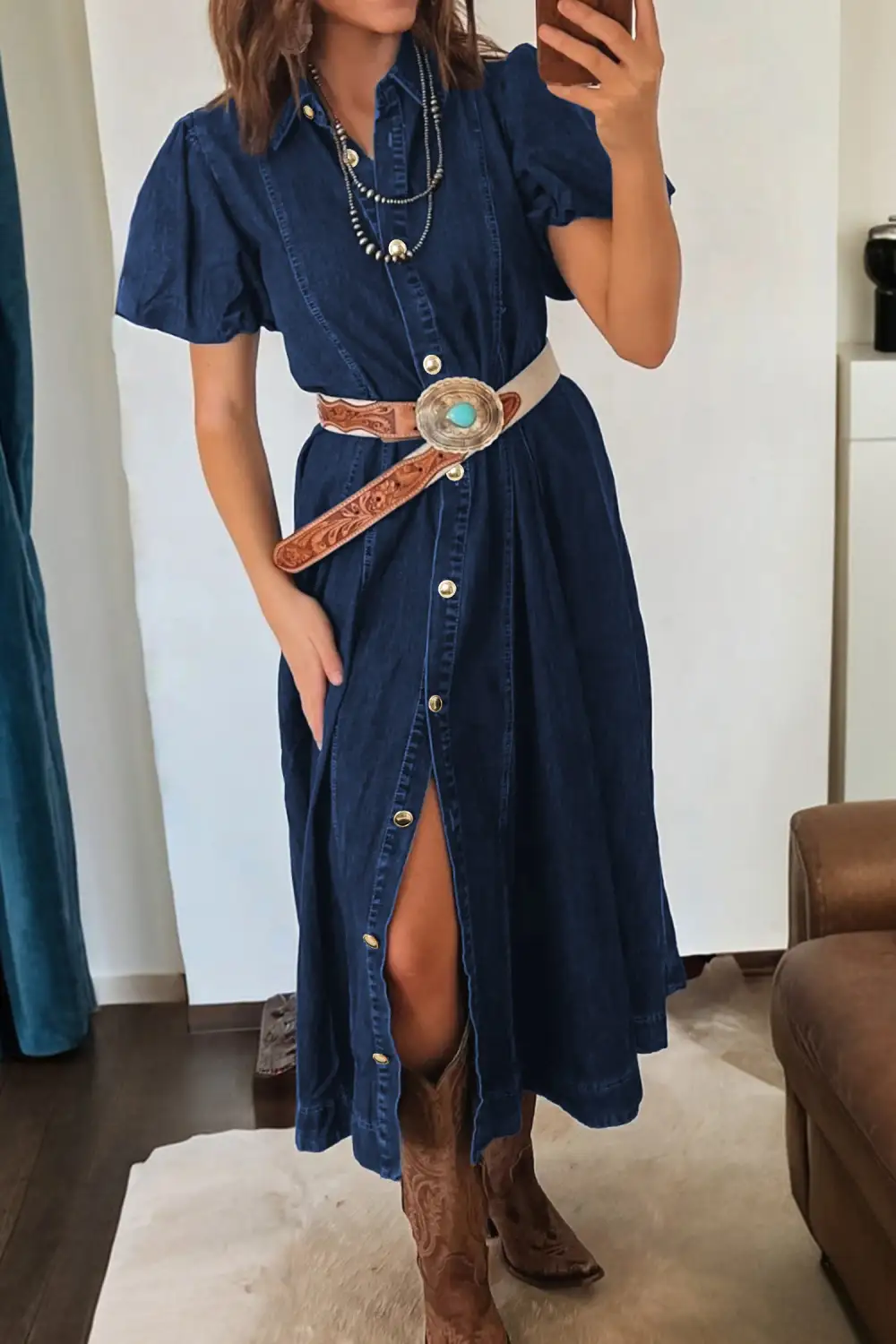 Denim Short Sleeve Collared Button Front Everyday Midi Dress