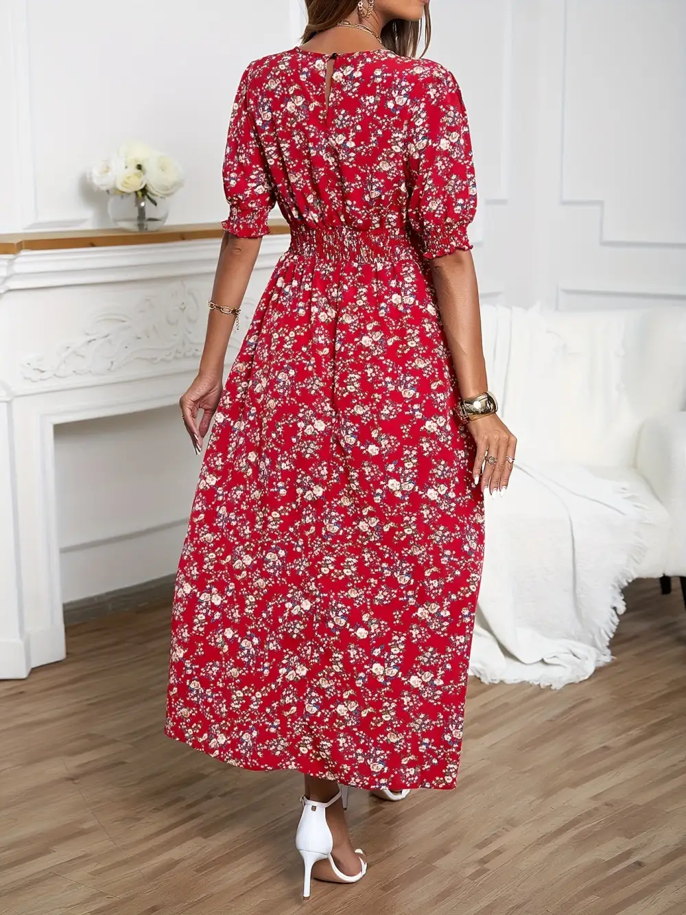 Floral Print Dress: Romantic Puff Sleeves (Spring & Summer, Crew Neck)