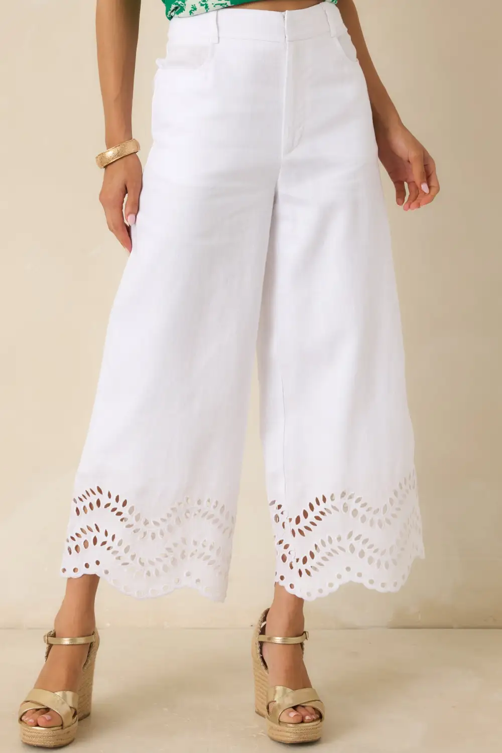 Linen Embroidered Eyelet Wide Leg Pants