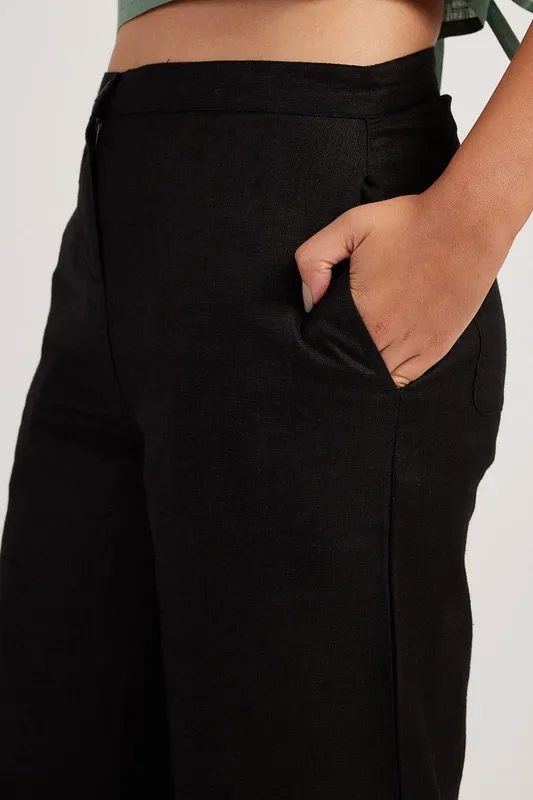 Black Linen Matching Set with Round-Neck Tank & Wide-Leg Pants