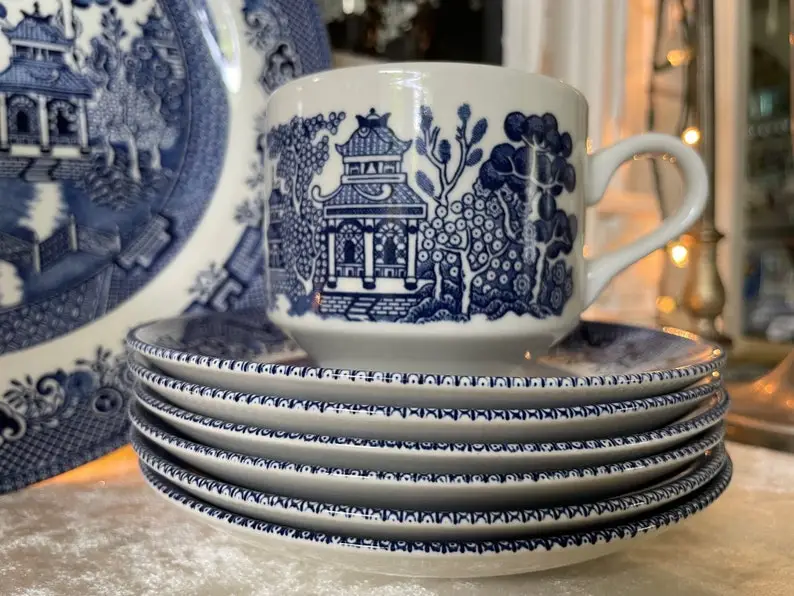 Churchill Blue Willow Set, Plate, Hors d'oeuvre, Teacups and Saucers, Cottagecore