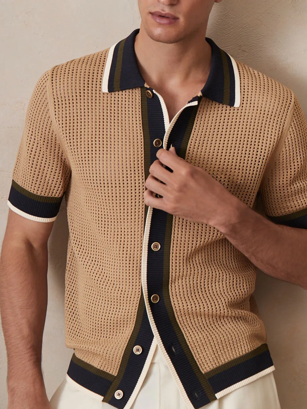 Vacation Breathable Crochet Fabric Men's Shirt