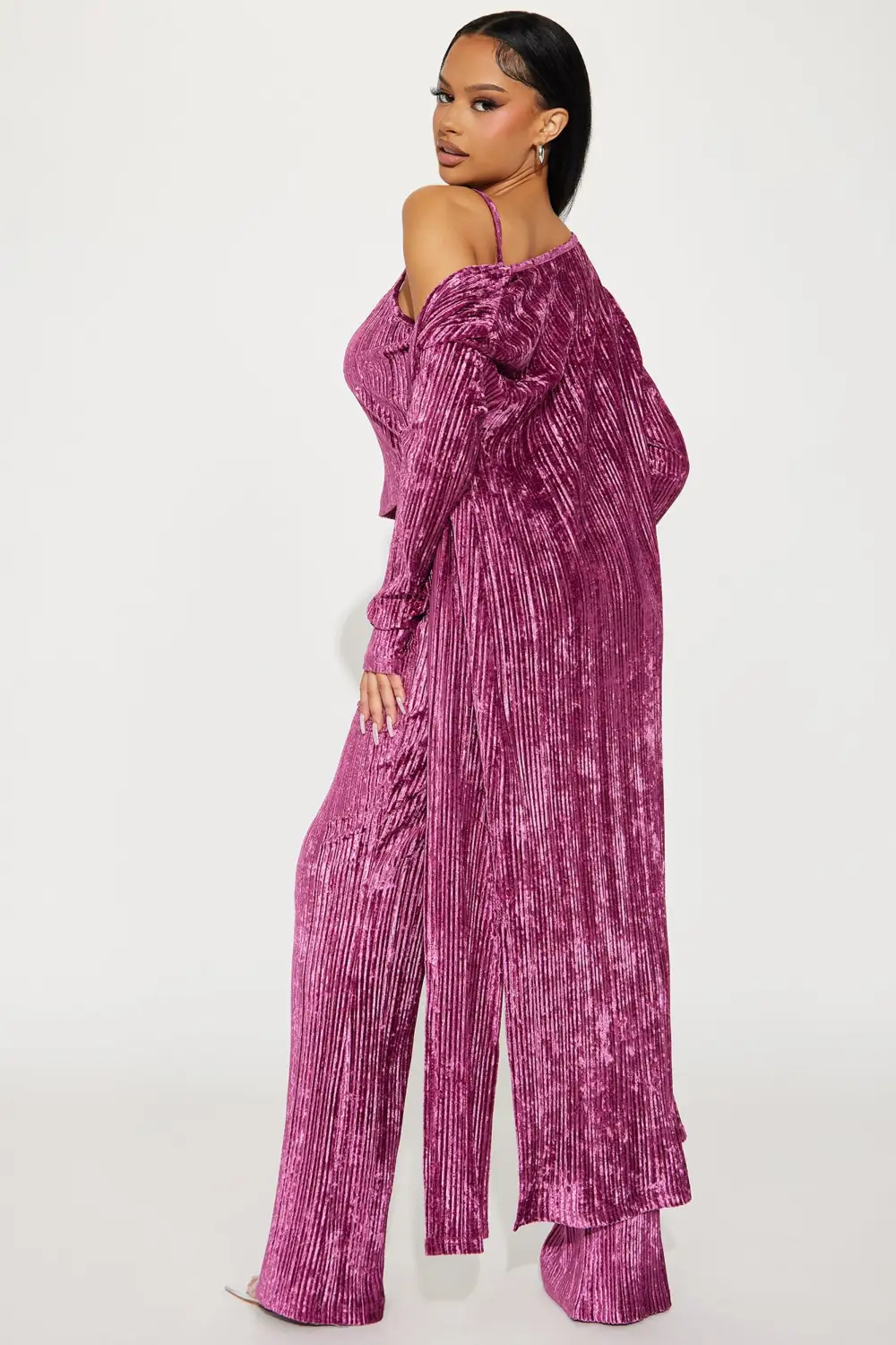 Carrie 3 Piece Velvet Plisse Pant Set - Plum
