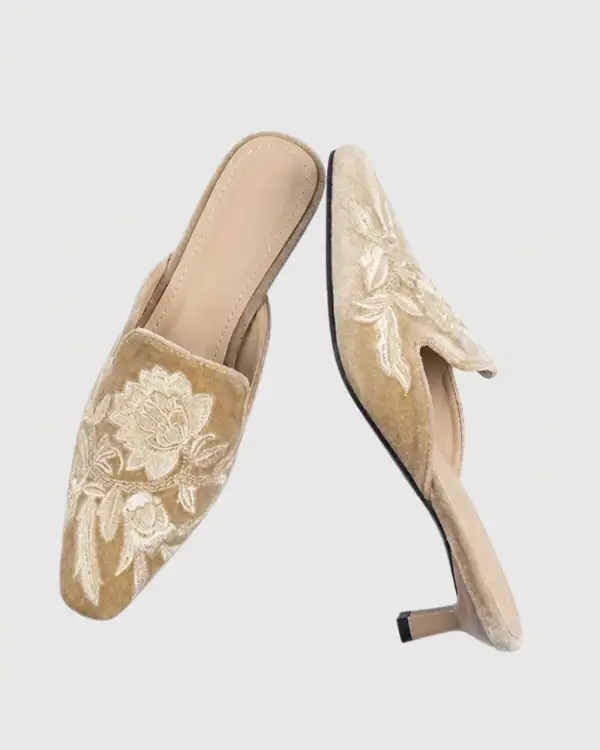 Embroidered Satin Mules in Nude