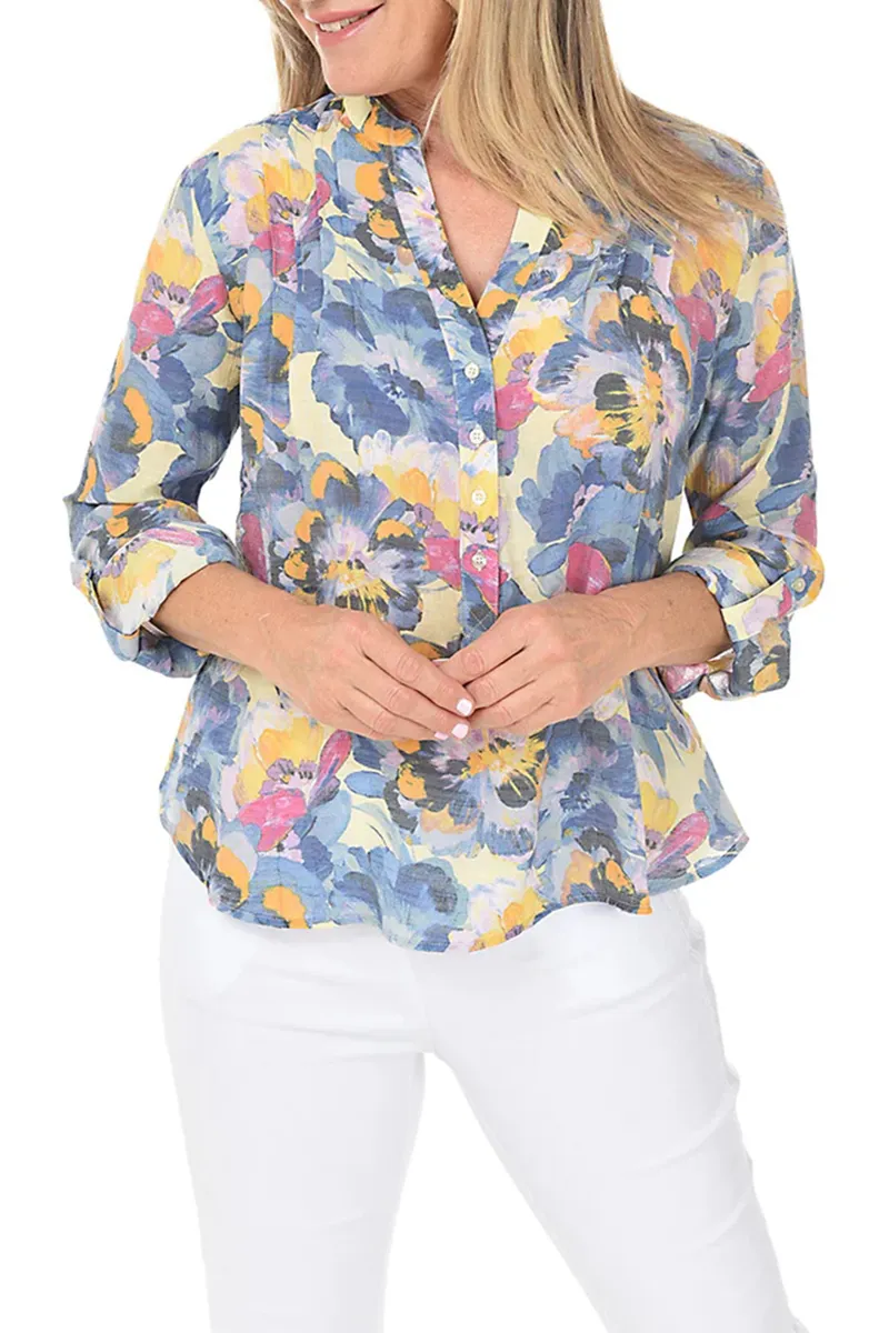 Pansy Flowers Pleated Front Roll Sleeve Blouse