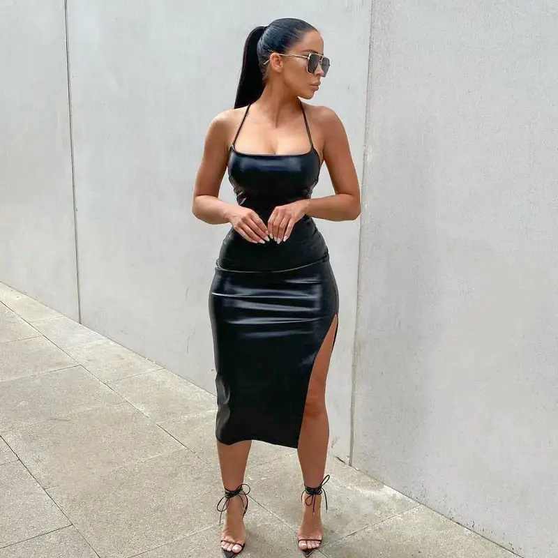 Dominique Back Lace Up Sexy Bodycon Slit Leather Dress