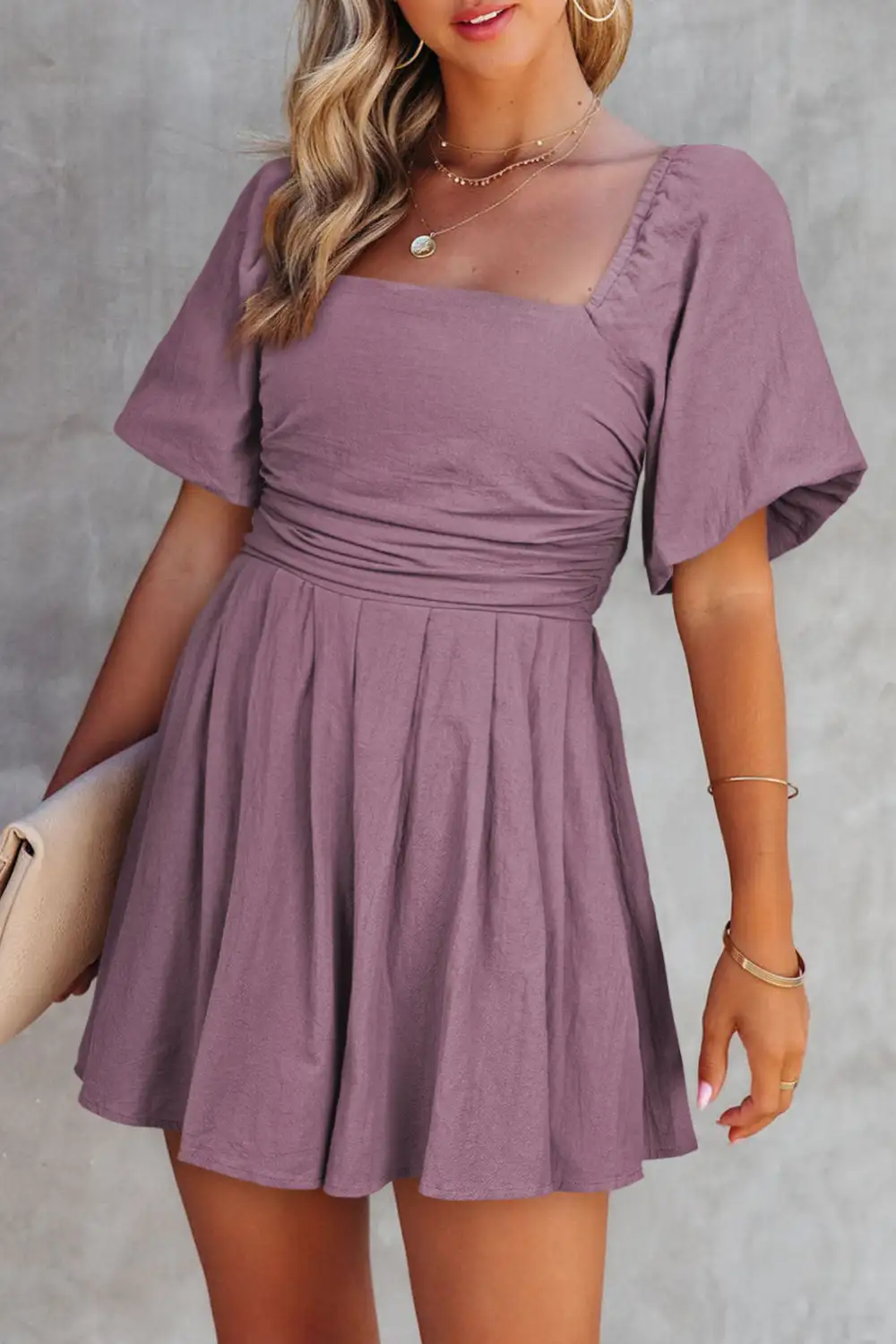 Cotton Square Neck Ruched Puff Sleeve Romper