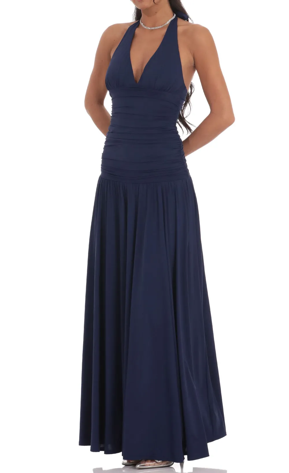 Halter Drop Waist Maxi Dress In Navy