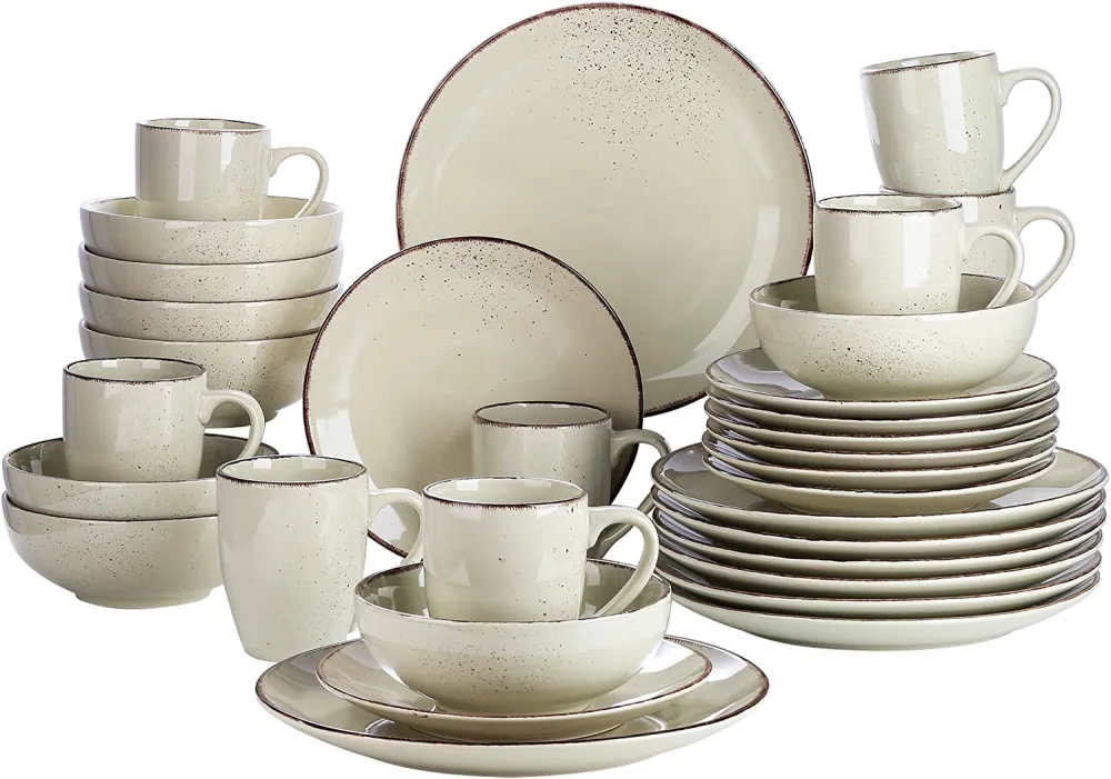 vancasso Navia Ceramic Dinnerware Set, 48 pieces Set of 12 Stoneware Spray Spot Patterned Service Dish with Dinner Plates, Salad Plates, Bowls, Mugs - Grey