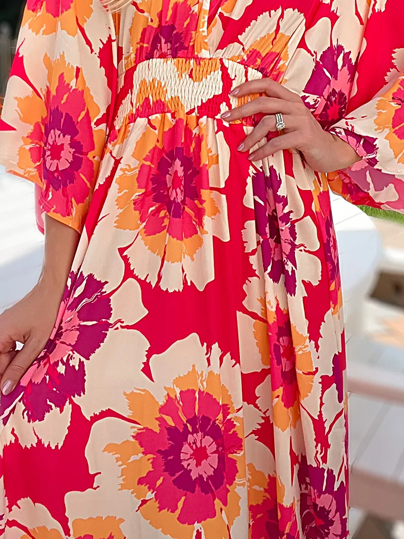 Red Floral Drape Dress