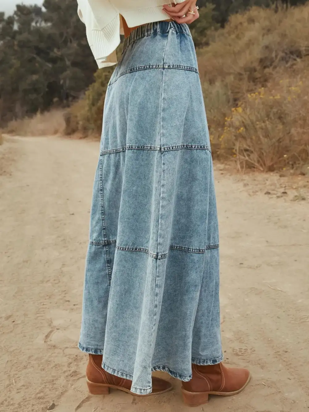 Trim Button Front Denim Detail Skirt