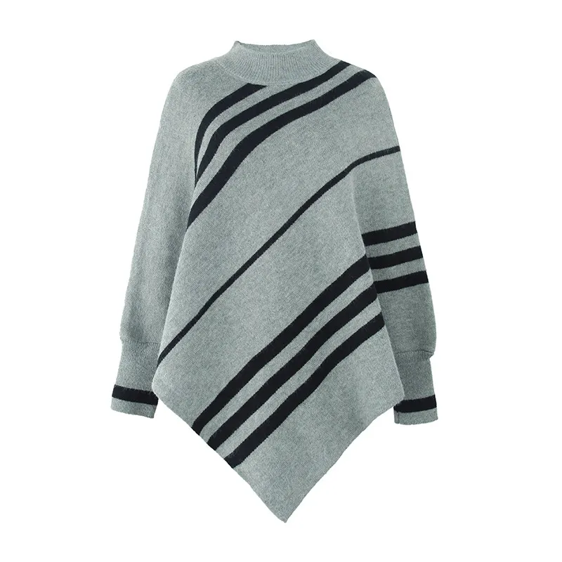 Casual Striped Knitted Round-Neck Shawl Sweater