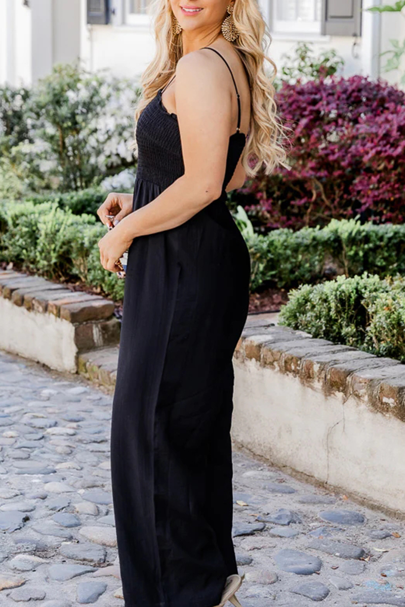 Crowd Pleaser Black Smocked Jumpsuit