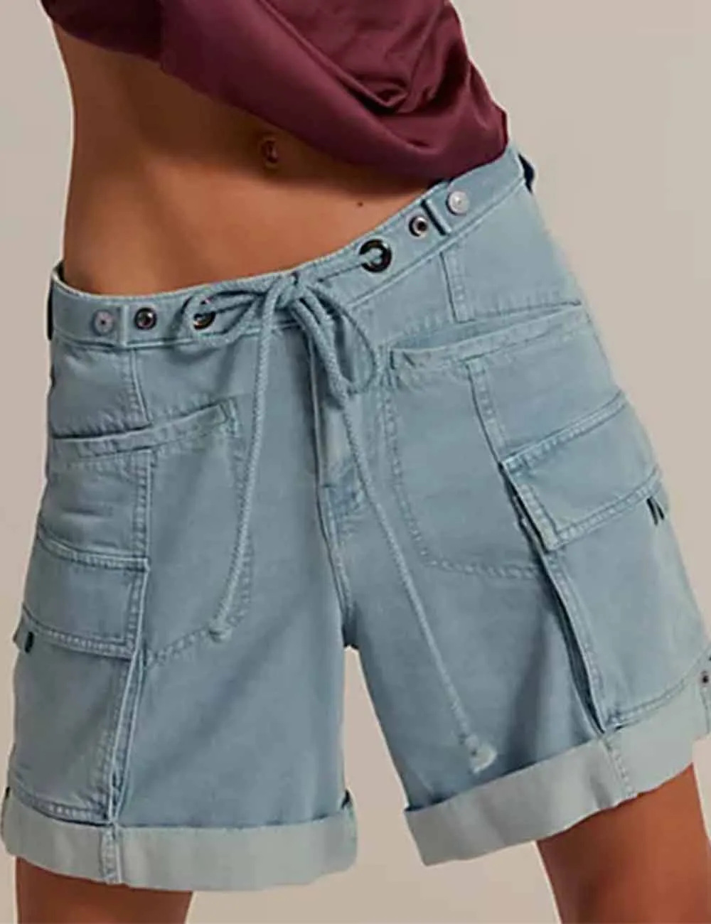 Pocket Drawstring Elastic Waist Rolled Denim Shorts