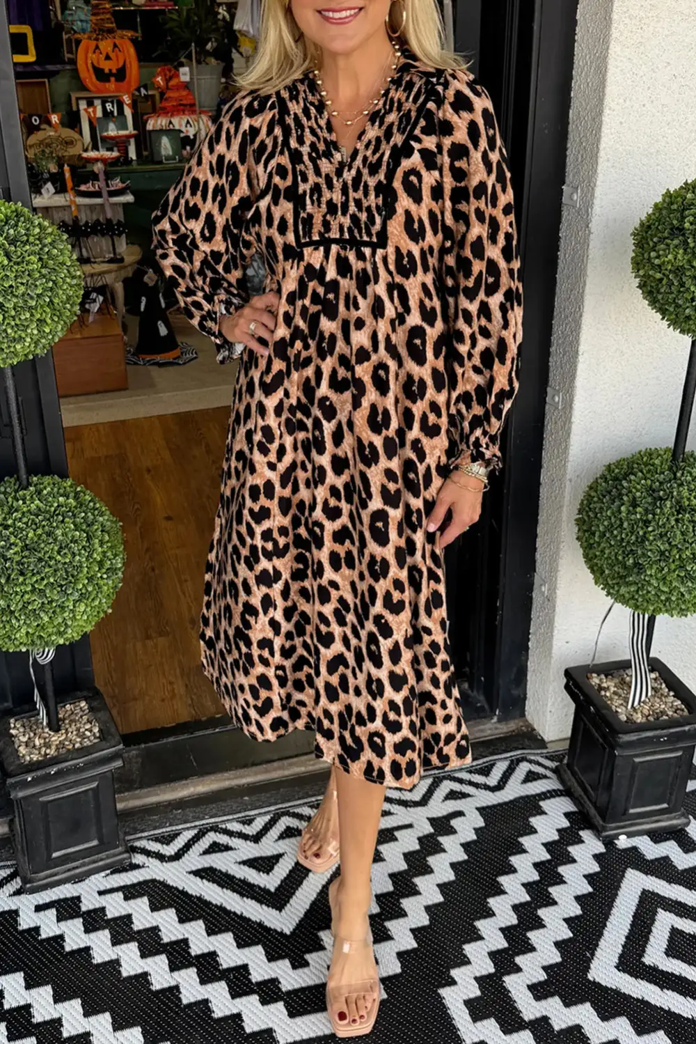 Leopard Print Smocked Flowy Midi Dress
