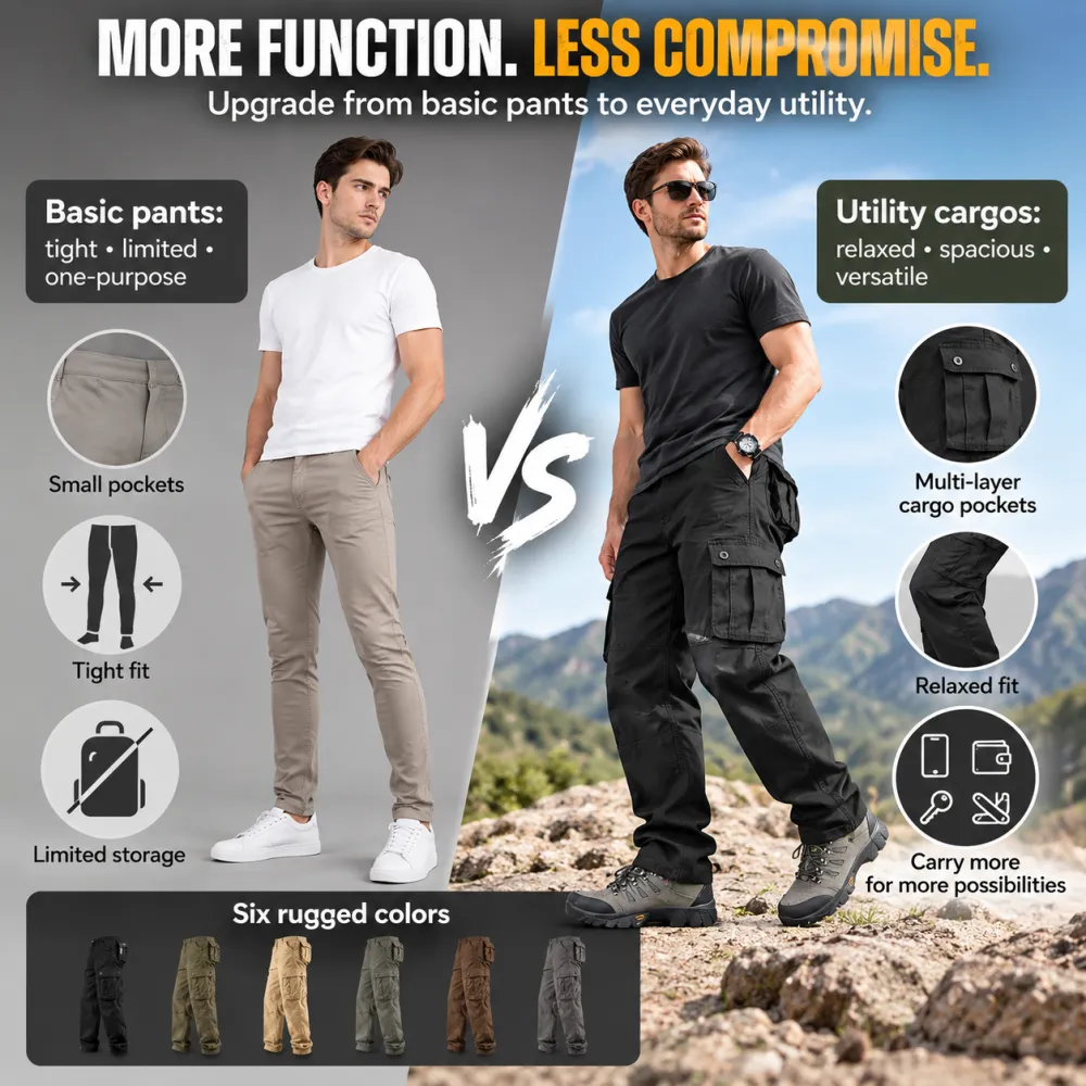 Men’s Cargo Pants - Khaki, Dark Gray & Black, Casual Basic, Mid Waist, Plain, Polyester, Multi-Pocket, Loose Fit, Durable, Long Pants for Daily Outings