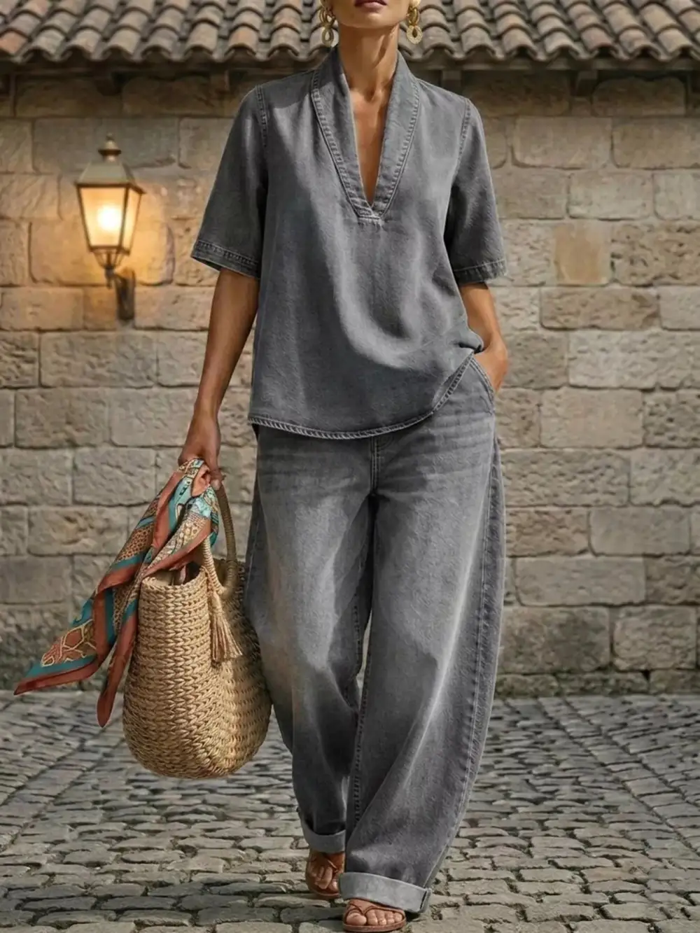 Half Sleeve Top and Wide Leg Pants Set