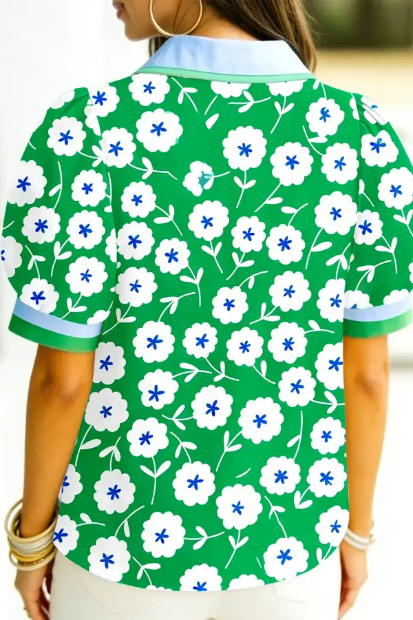 Green Flower Printed Contrast Patchwork Collar Short Sleeve Blouse