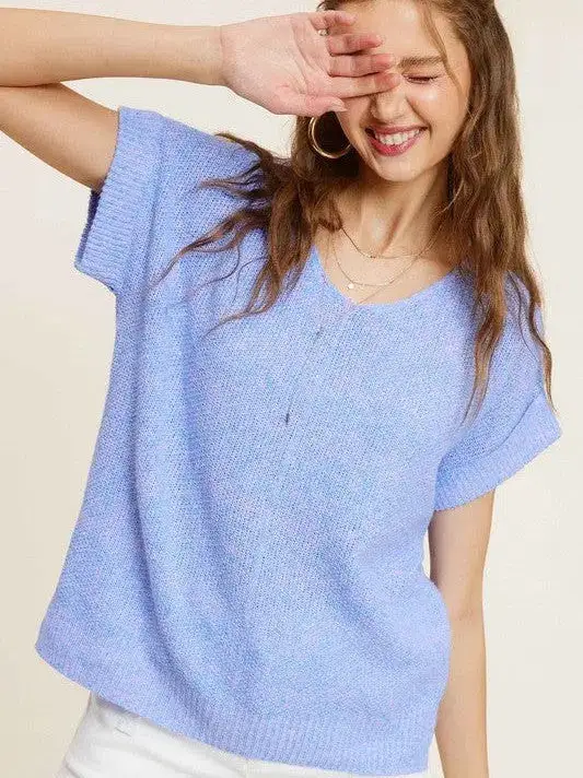 Classy and Fabulous Soft V-Neck Short Sleeve Sweater Top