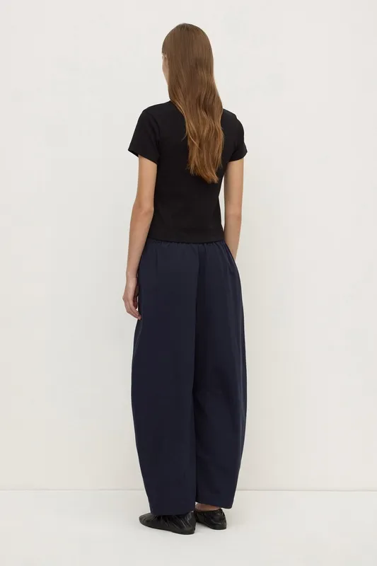 Navy Voluminous Cotton Barrel-Leg Pant
