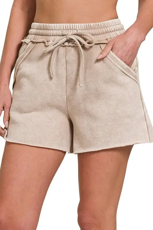 Acid Washed Drawstring Shorts in Ash Mocha