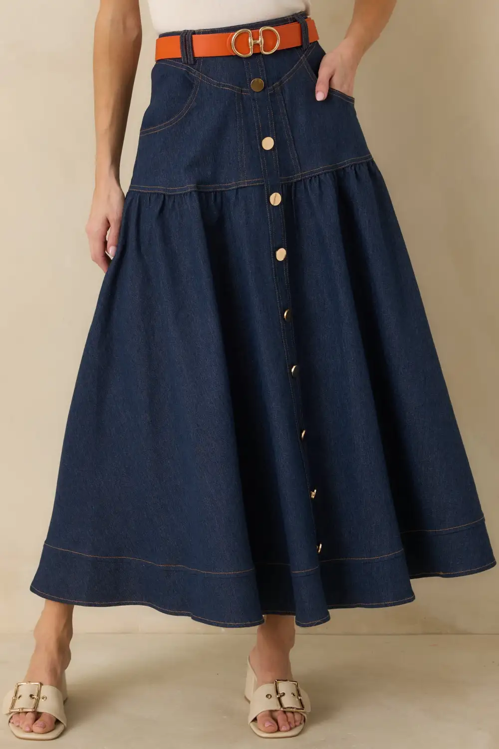 Country Dark Wash Denim Button-Down Maxi Skirt