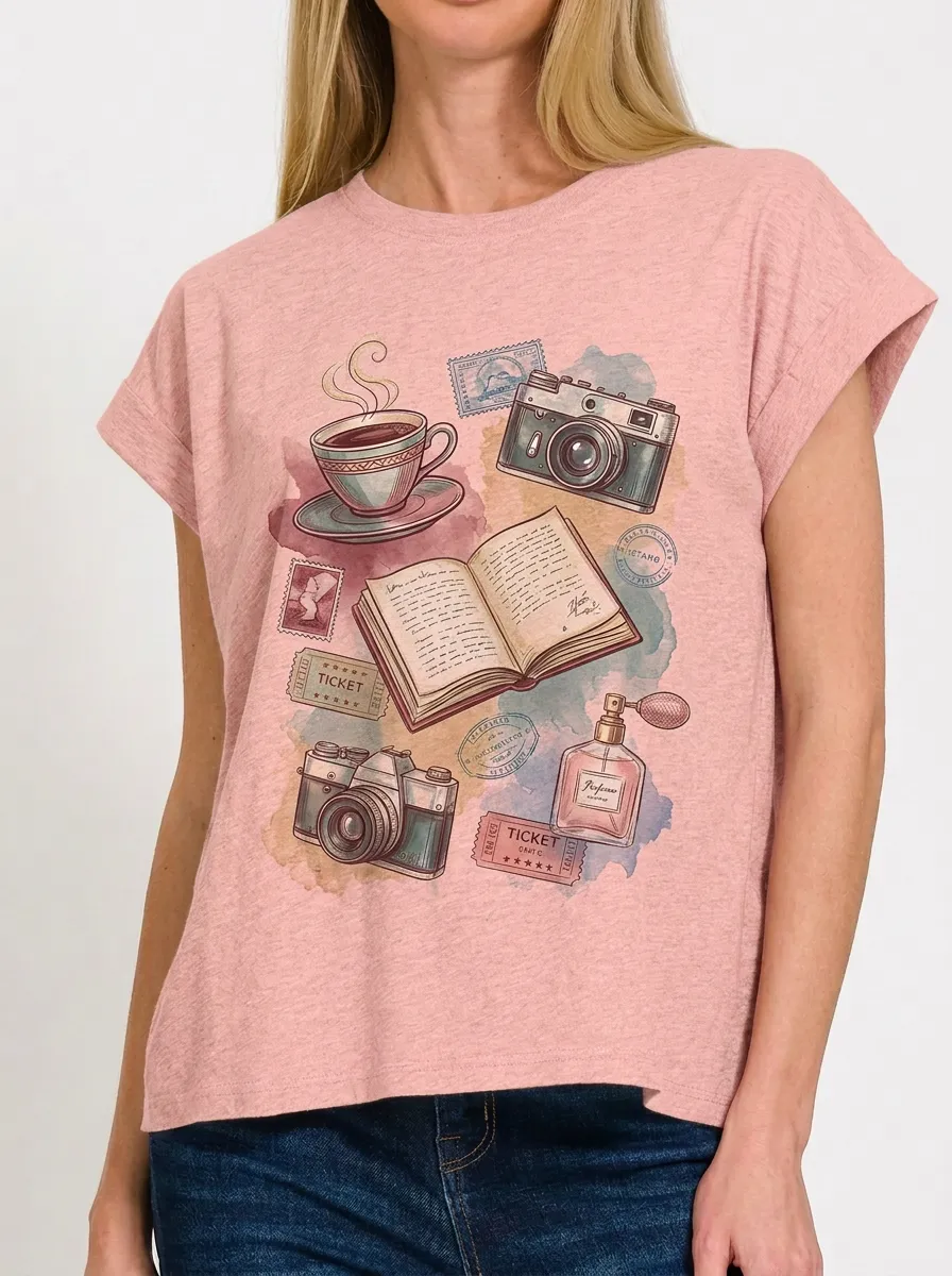 Women's Travel Hobbyist Vintage Camera Book Coffee Printed T-shirt