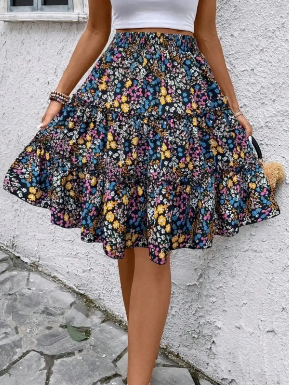 Textured Ruffle Trim Printed Silhouette Skirt