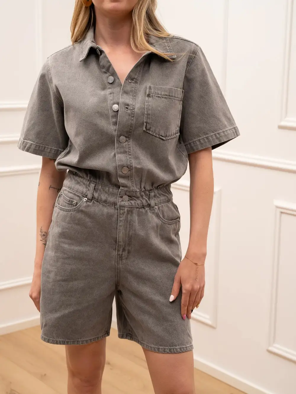 Mini Button Front Cotton Jumpsuit