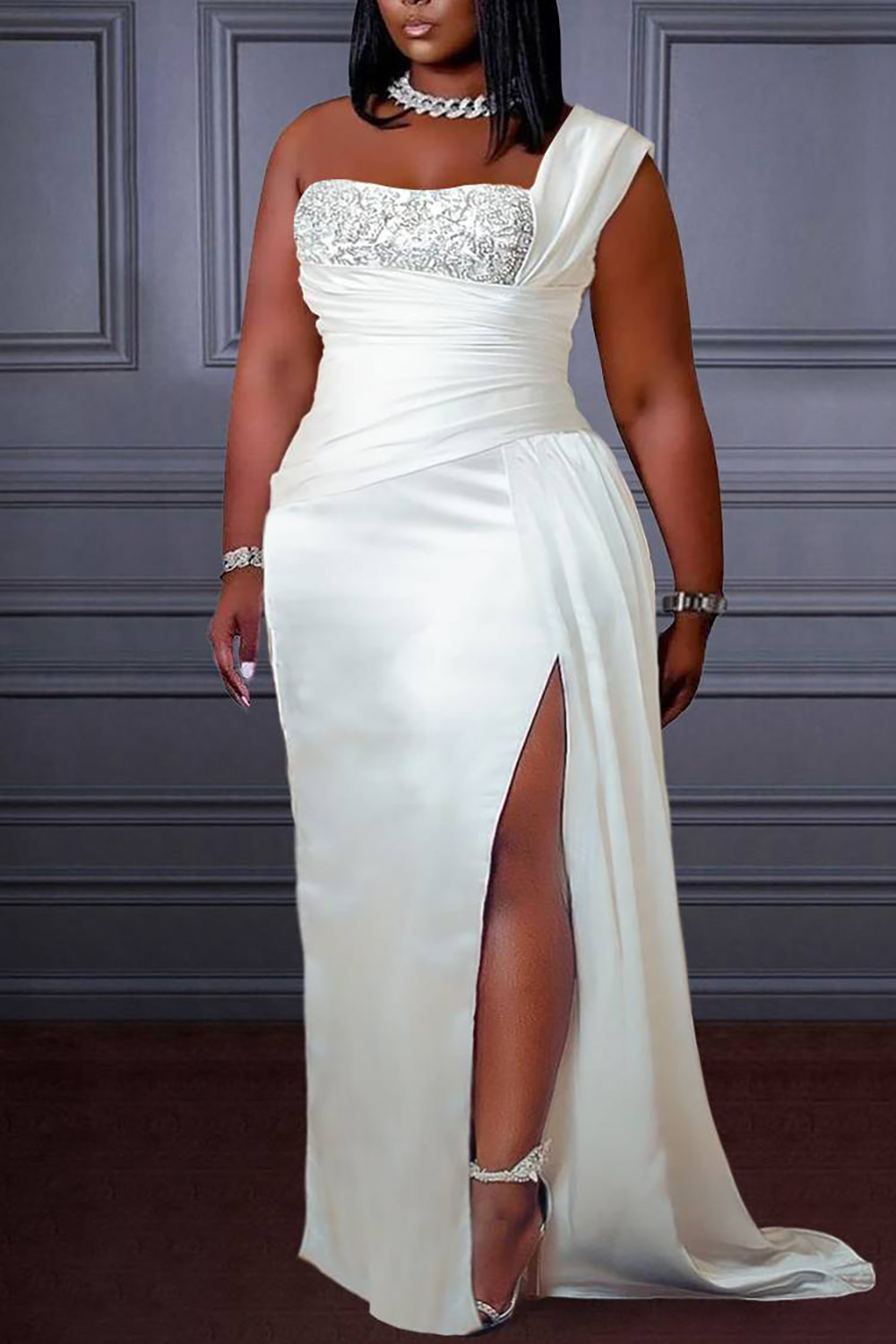 Plus Size White Formal Satin One Shoulder Sequin High Split Maxi Dresses [New]