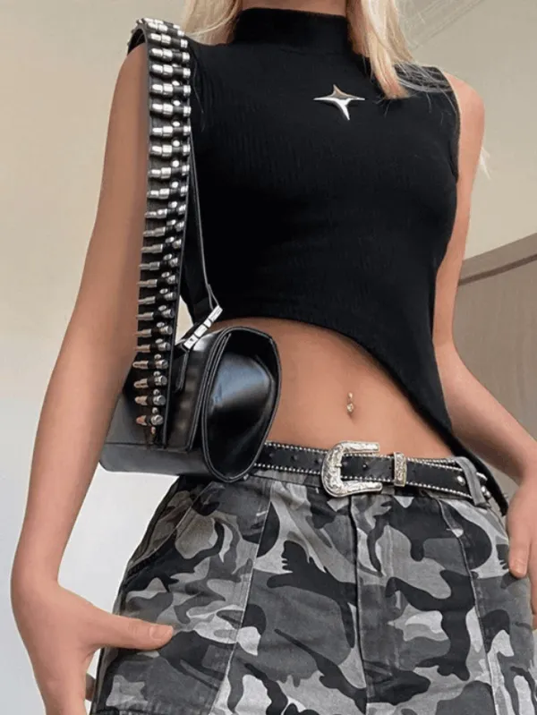 Asymmetric Ribbed Metallic Slim-Fit Tank Top