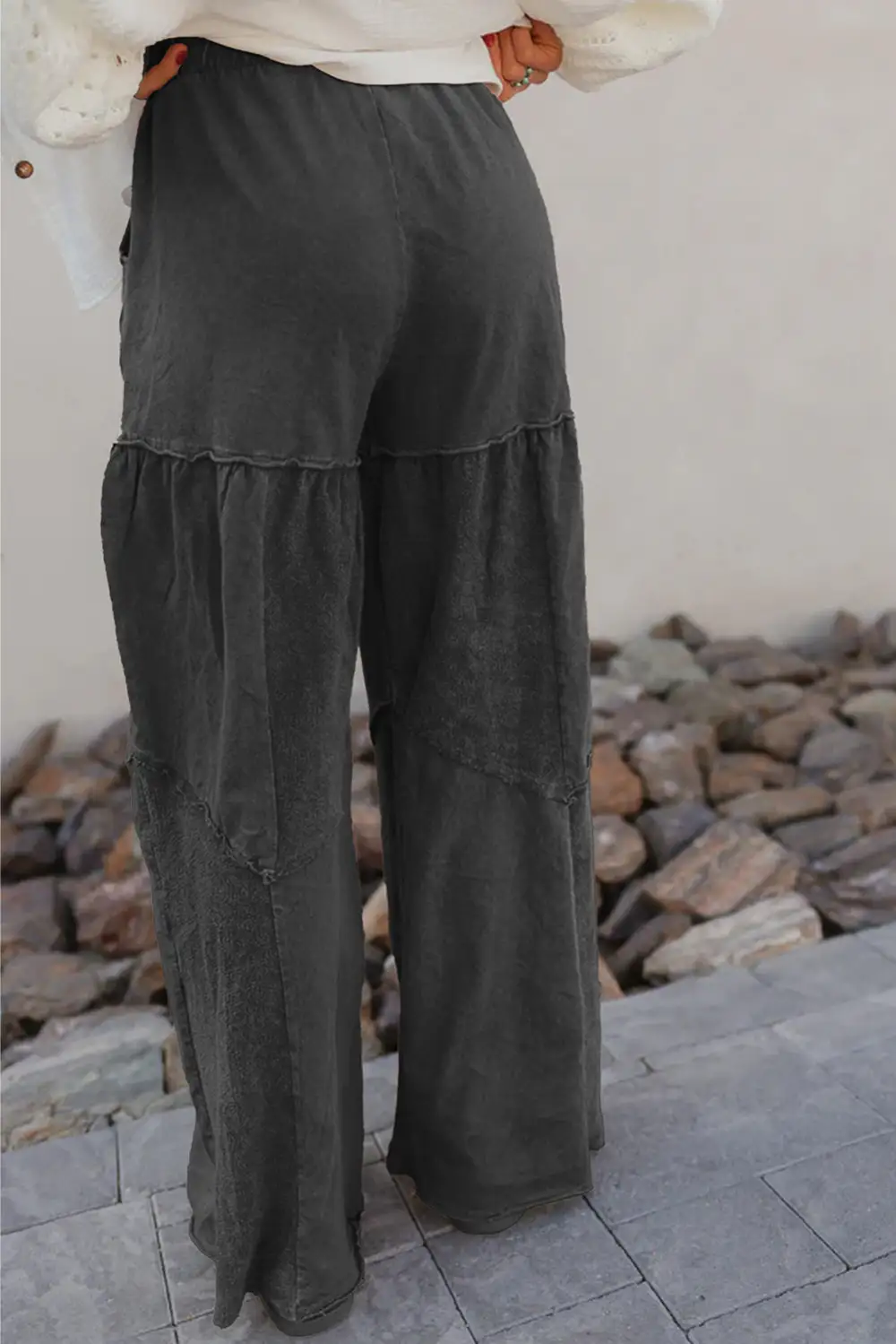 Wash Tiered Wide Leg Patchwork Drawstring Pants