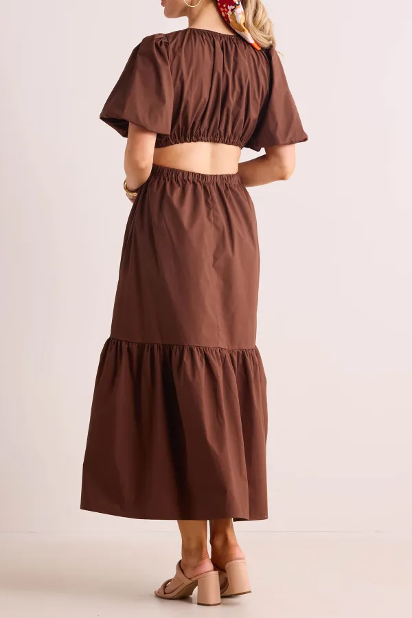 Brown Puff Sleeve Tiered Maxi Dress