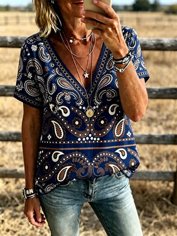 Women's Paisley Print V Neck Trim Short Sleeve Boho Western Shirt