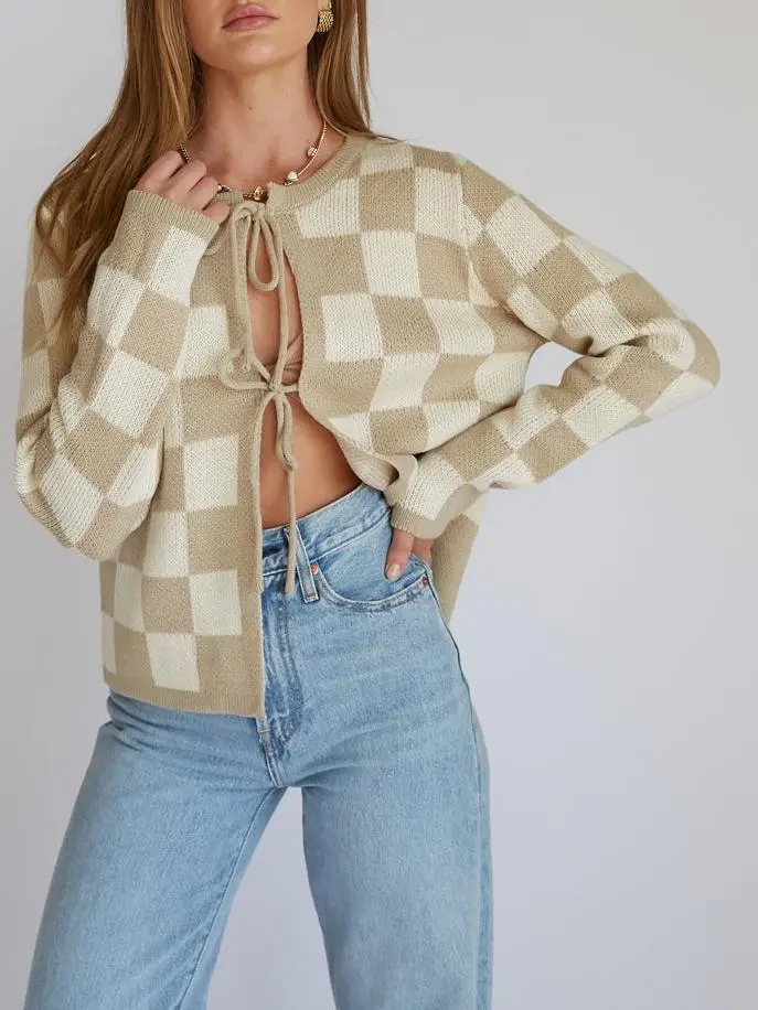 Checkered Knit Bow Cardigan