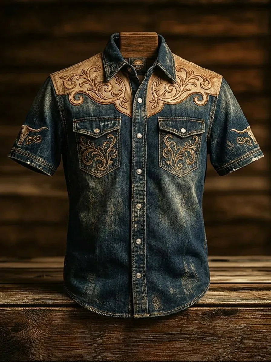 Men's Western Cowboy Floral Bull Skull Printed Denim Shirt