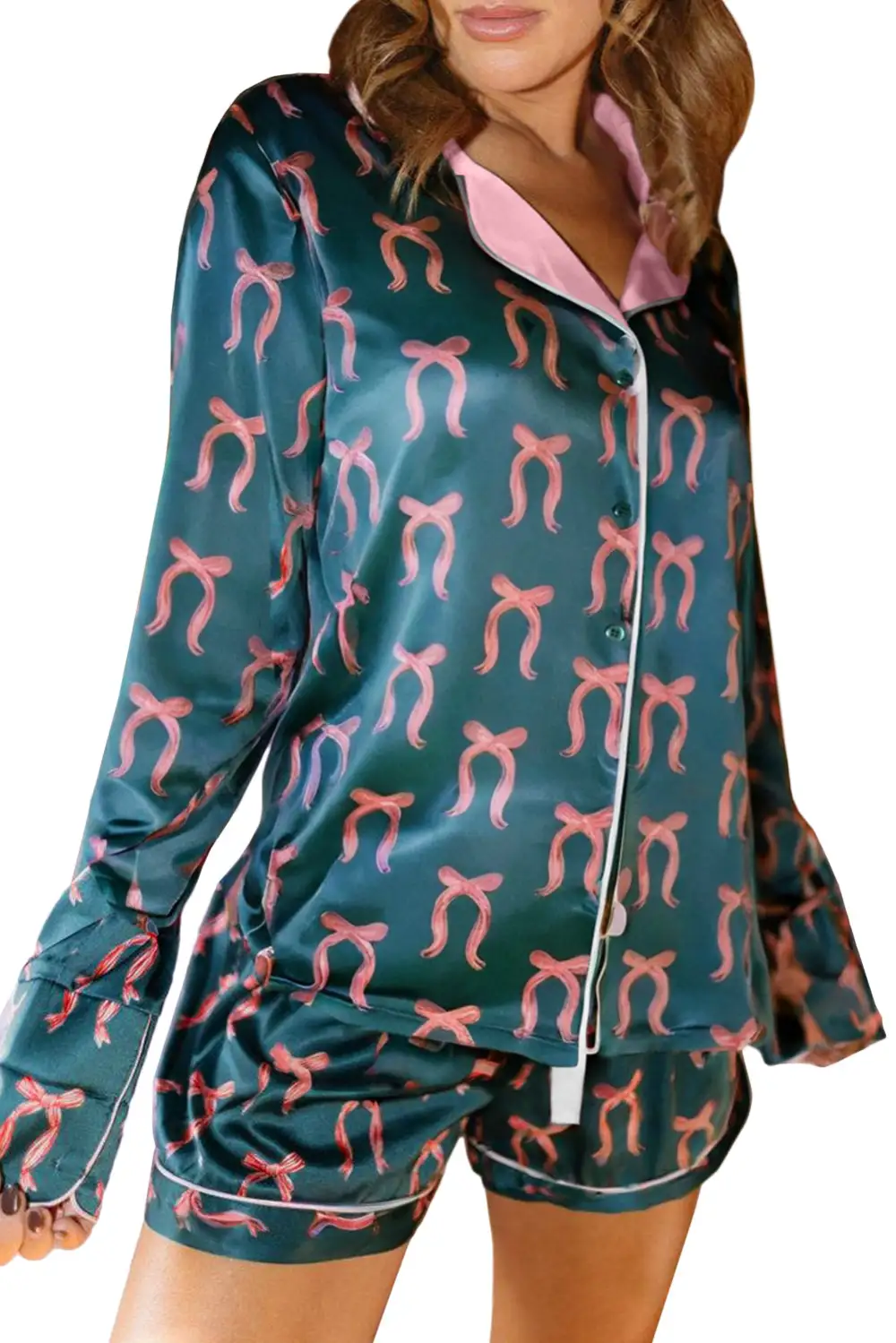Relaxed Bow Print Ribbon Trim Short Pajama Set
