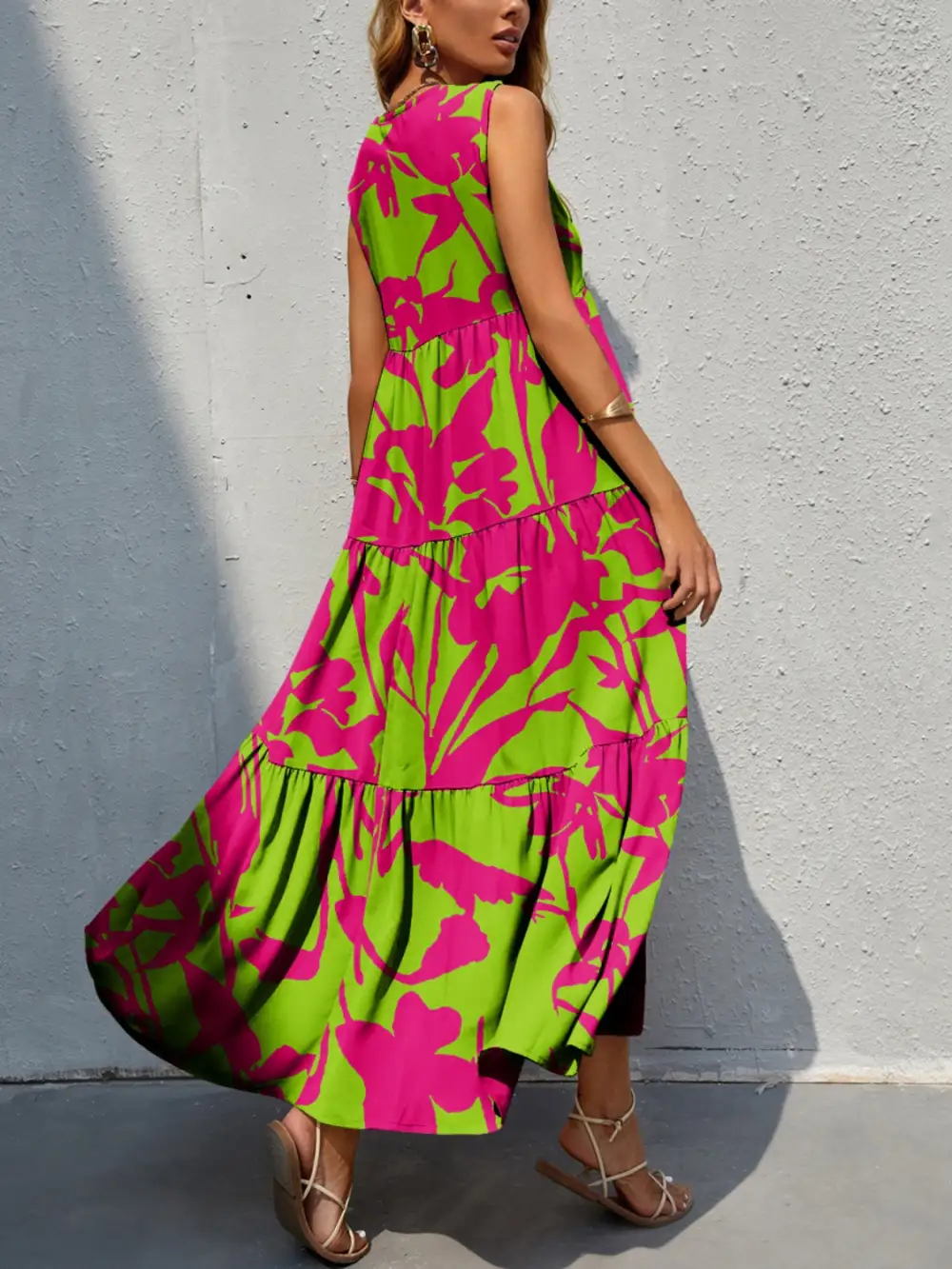 Boho Chic  Tiered Printed V-Neck Sleeveless Dress