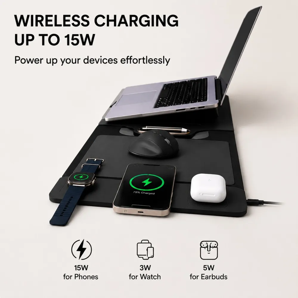 The All-In-One Mobile Workstation Sleeve | Built-In 15W Multi-Device Wireless Charger, Ergonomic Laptop Stand & Mousepad (Fits up to 16