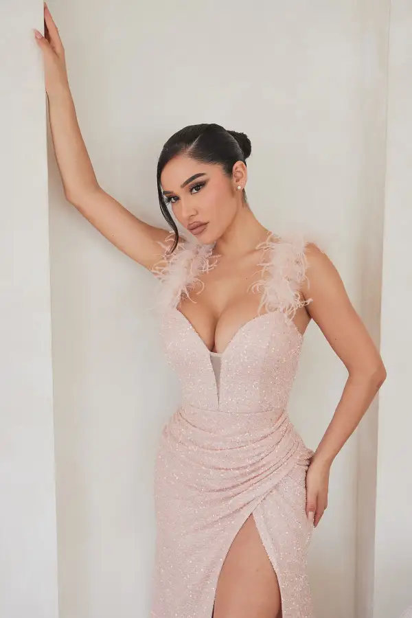 Too Fabulous Sequin Feather Maxi Dress - Pink