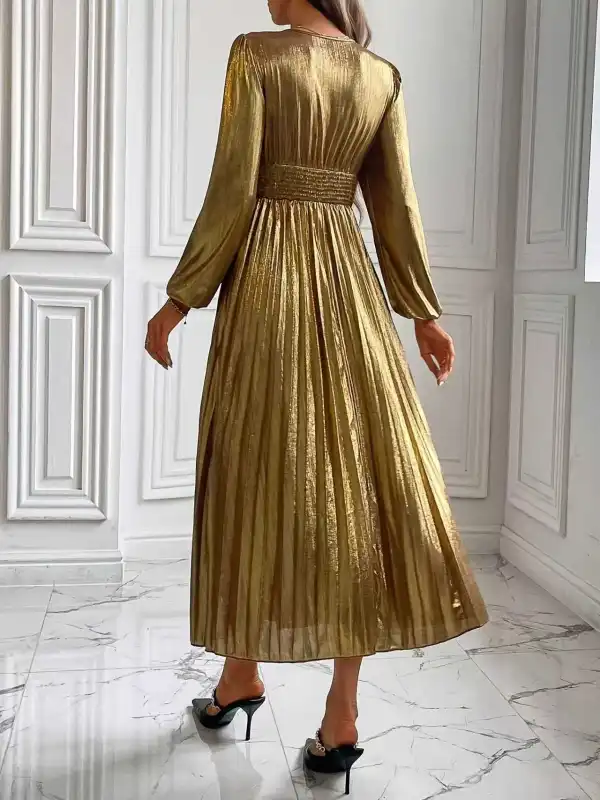 Shiny Pleated Long Neck Maxi Dress