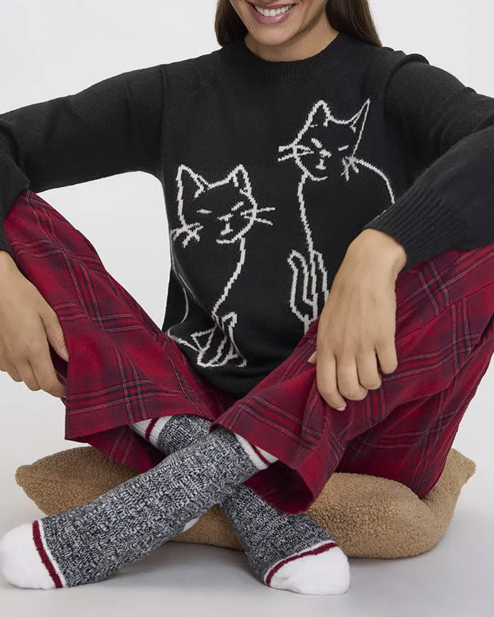 Cat Print Crew-Neck PlushSoft Sweater