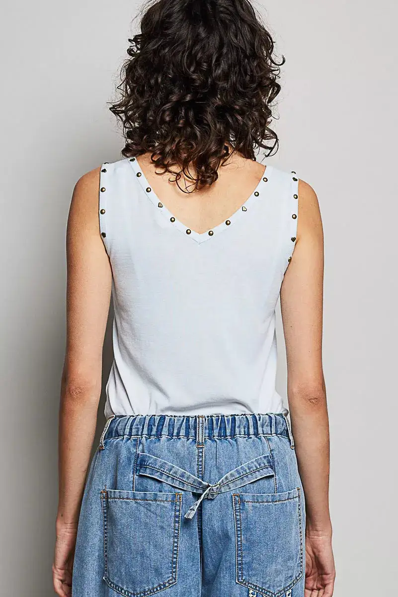 Studded Trim Button Front Ruffle Detail Tank