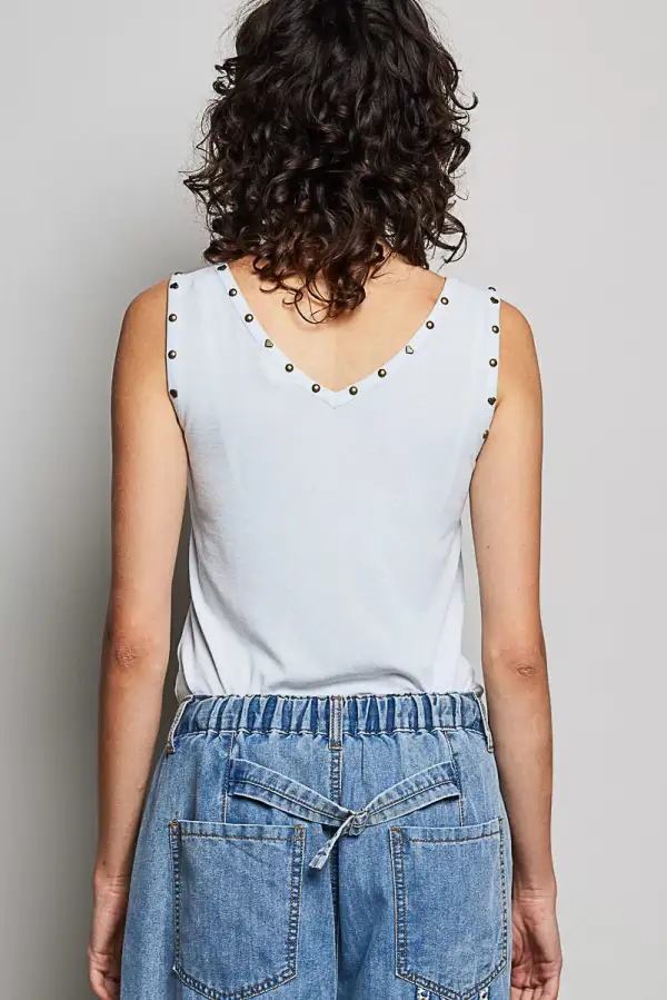 Studded Trim Button Front Ruffle Detail Tank