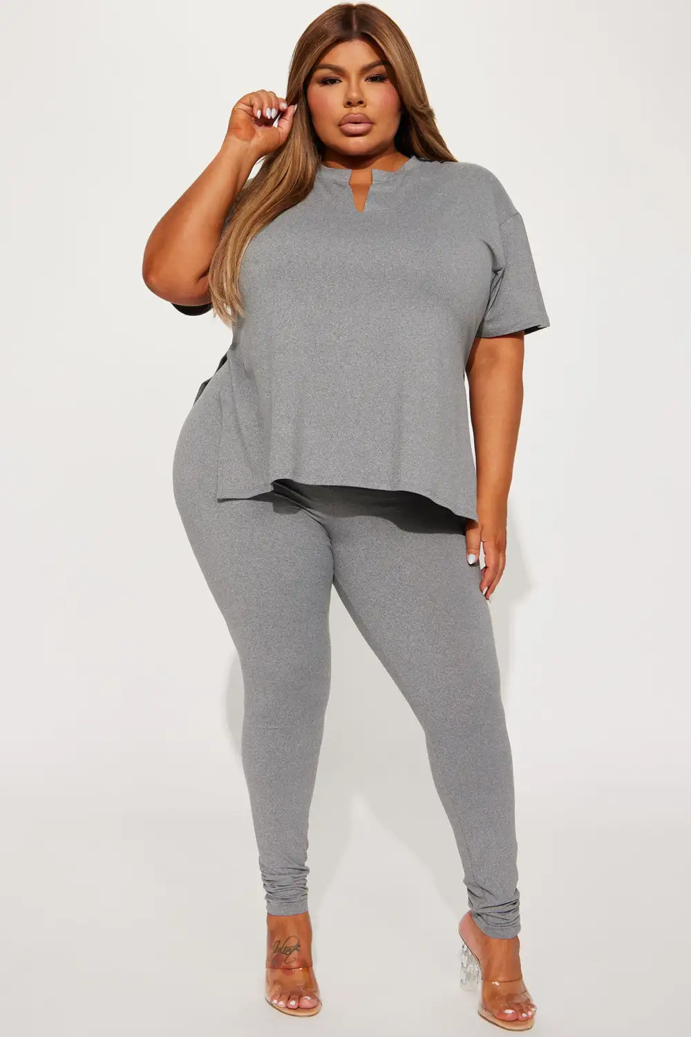 Lets Chill Together Short Sleeve Legging Set - Heather Grey