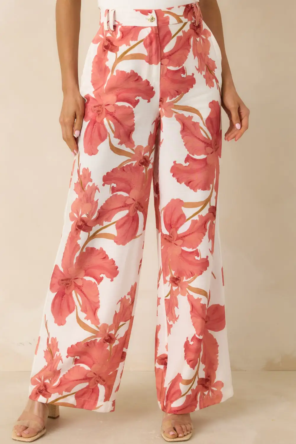 Peach Hibiscus Wide Leg Pants